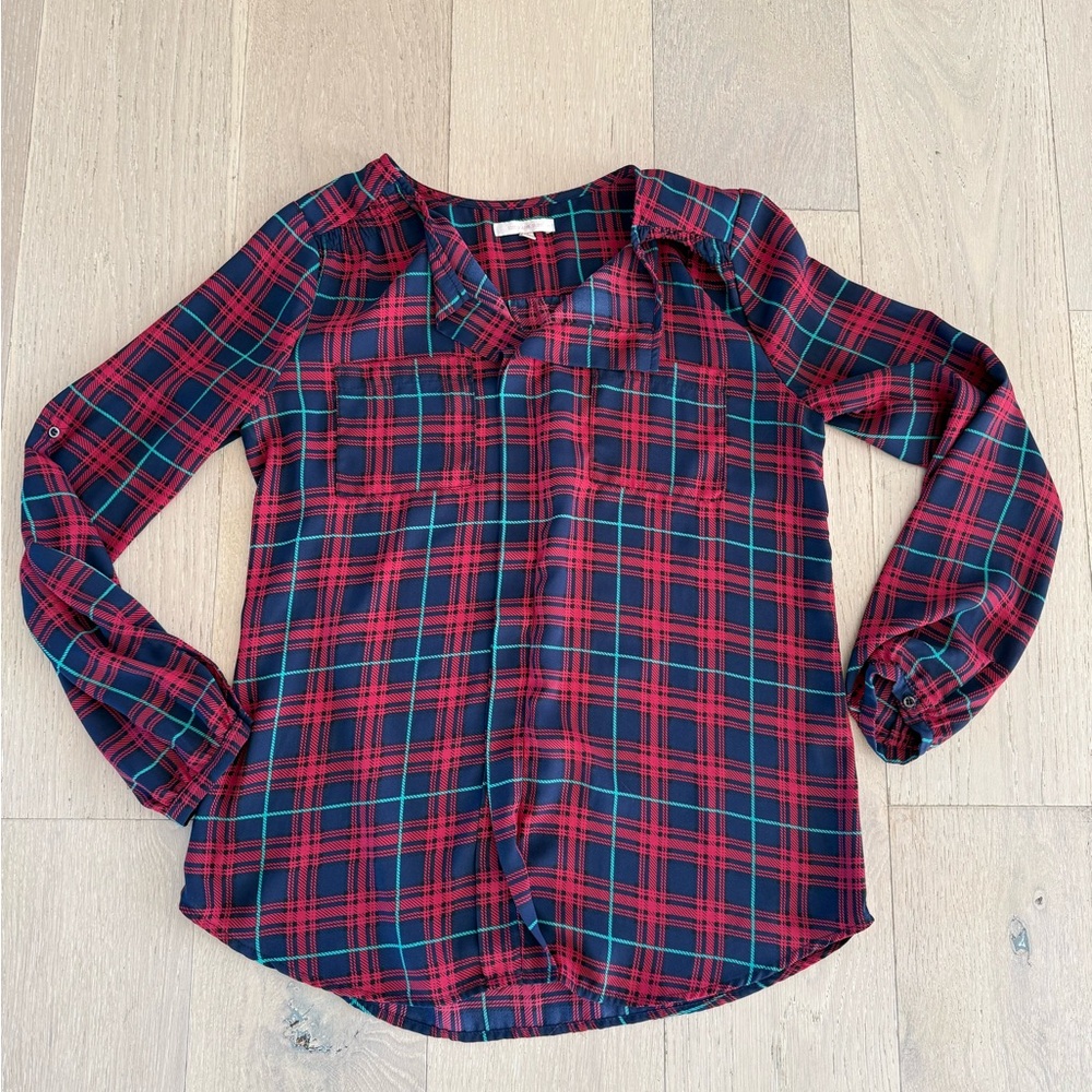 Skies are Blue Plaid Button-Up Blouse - Red and Green